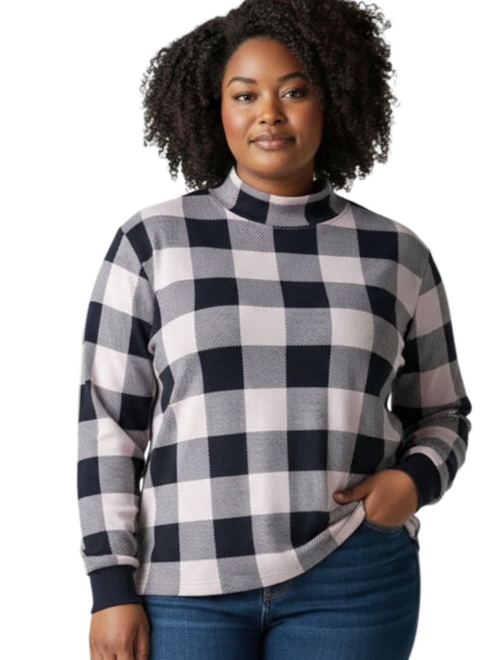 Lands' End Mock Neck Buffalo Check Pullover - Black & Light Pink